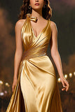 Gold V-Neck Satin Mermaid Long Formal Dress with Cape