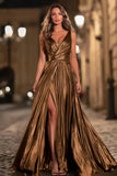 Sparkly Gold Metallic Pleated V-Neck A-Line Long Formal Dress with Slit