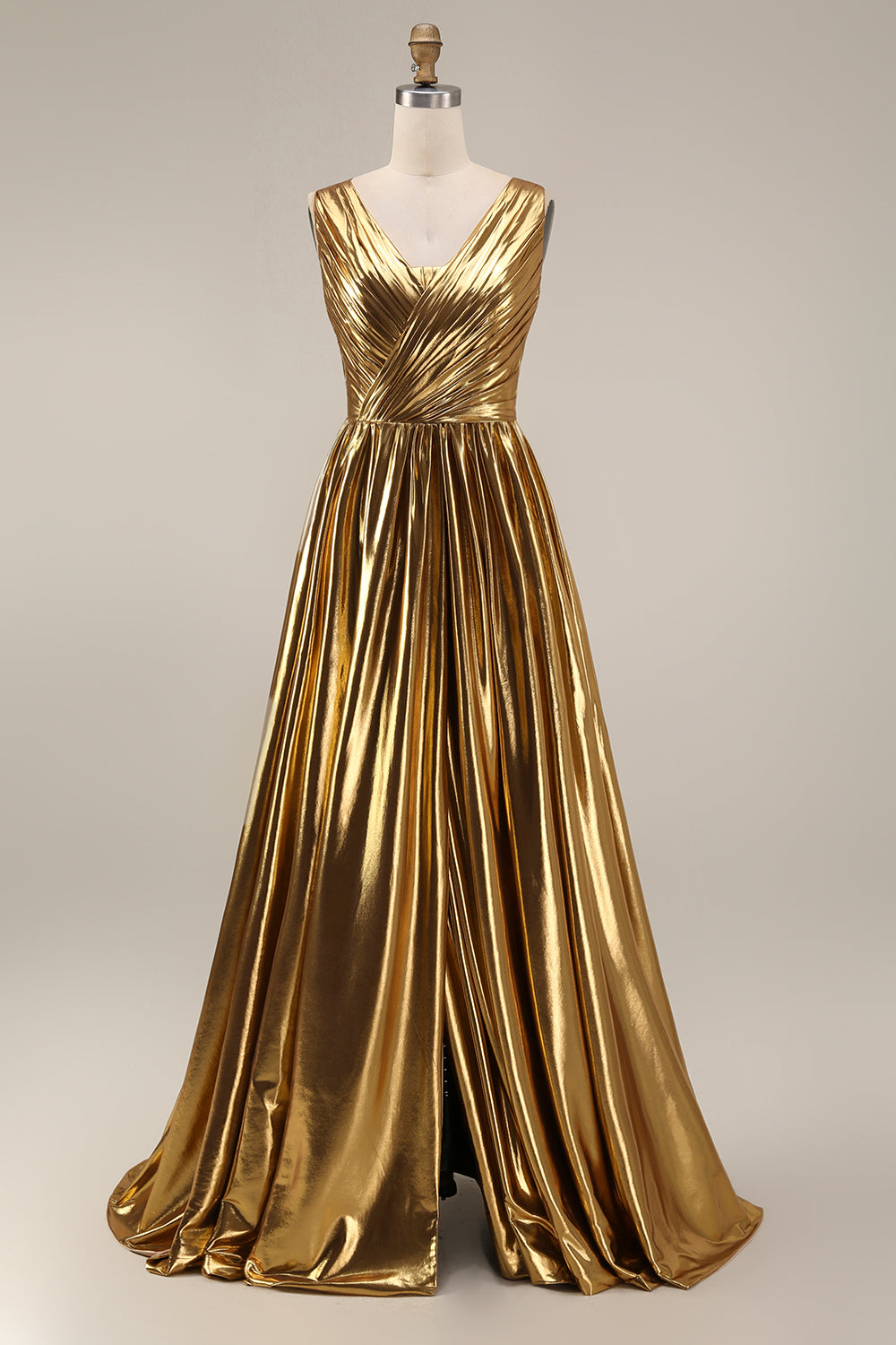 Zapakasa Women Sparkly Gold Metallic Long Formal Dress V-Neck A-Line Pleated Evening Dress with Slit Zapakasa Women Sparkly Gold Metallic Long Formal Dress V-Neck A-Line Pleated Evening Dress with Slit