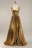 Sparkly Gold Metallic Pleated V-Neck A-Line Long Formal Dress with Slit