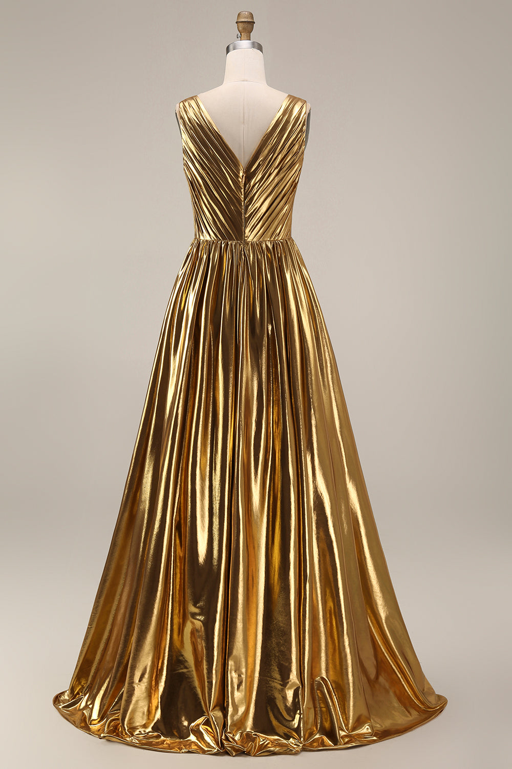Zapakasa Women Sparkly Gold Metallic Long Formal Dress V-Neck A-Line  Pleated Evening Dress with Slit