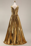 Sparkly Gold Metallic Pleated V-Neck A-Line Long Formal Dress with Slit