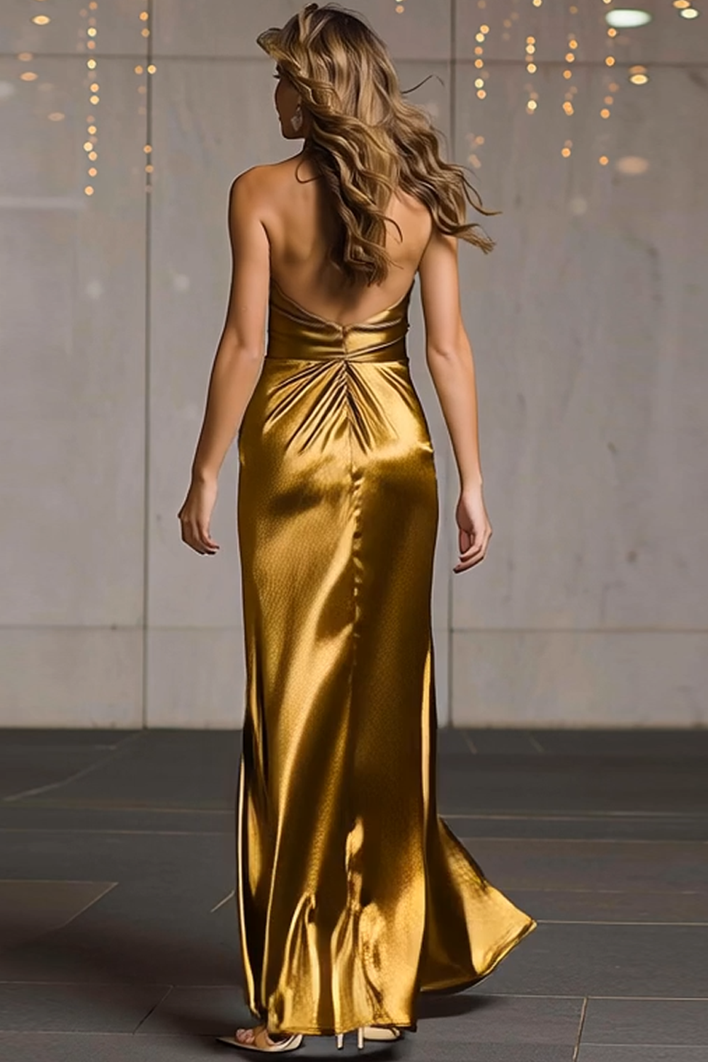 Sparkly Gold Metallic Ruched Halter Long Formal Dress with Slit