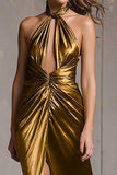 Sparkly Gold Metallic Ruched Halter Long Formal Dress with Slit