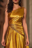 Sparkly Gold Metallic Ruched One Shoulder Long Formal Dress