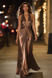 Sparkly Gold Halter Metallic Ruched Long Formal Dress with Slit