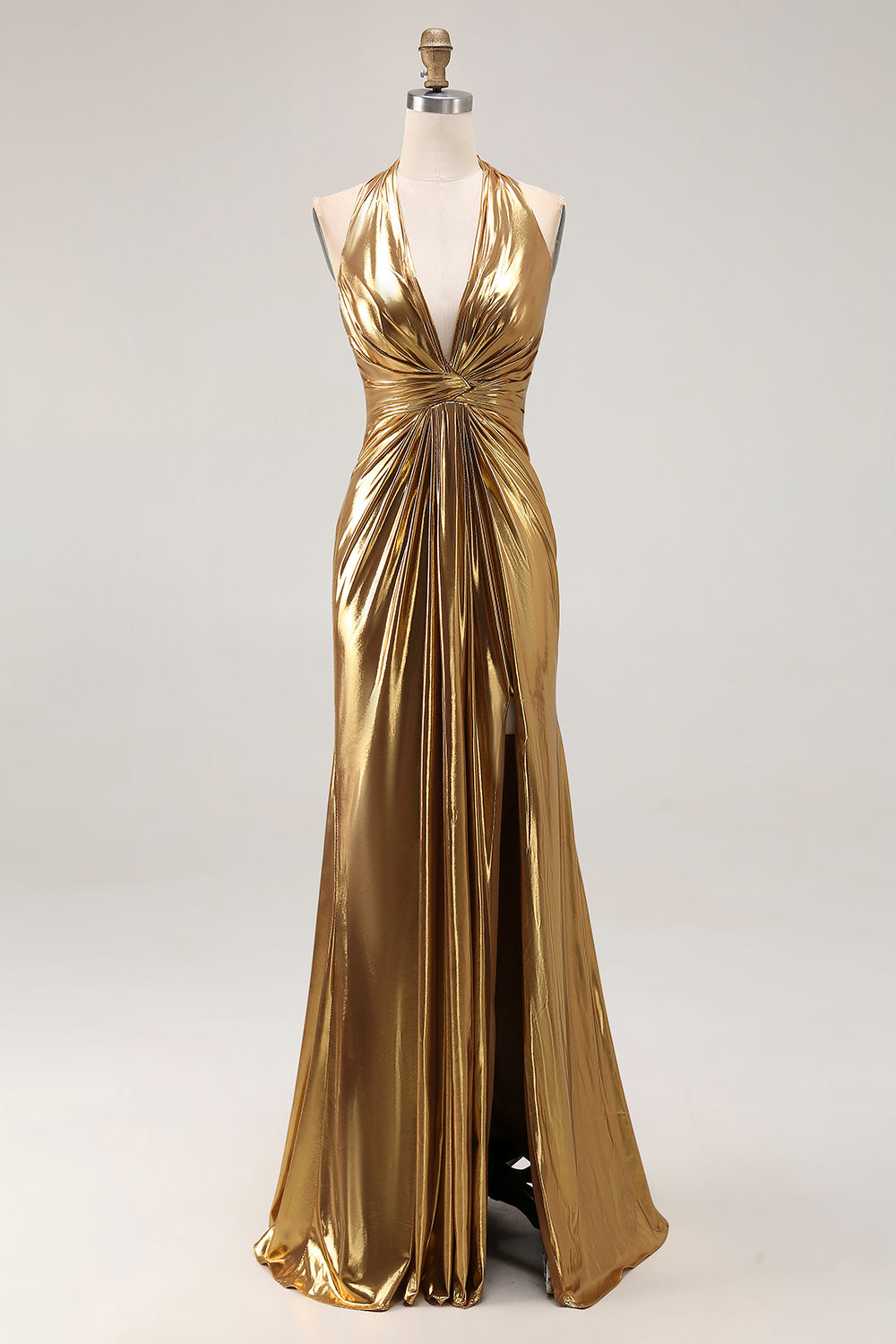 Sparkly Gold Metallic Halter Neck Backless Long Formal Dress with Slit