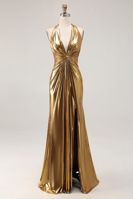 Sparkly Gold Metallic Halter Neck Backless Long Formal Dress with Slit