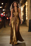 Zapakasa Women Sparkly Gold Metallic Ruched Long Formal Dress Halter Sheath Holiday Party Dress