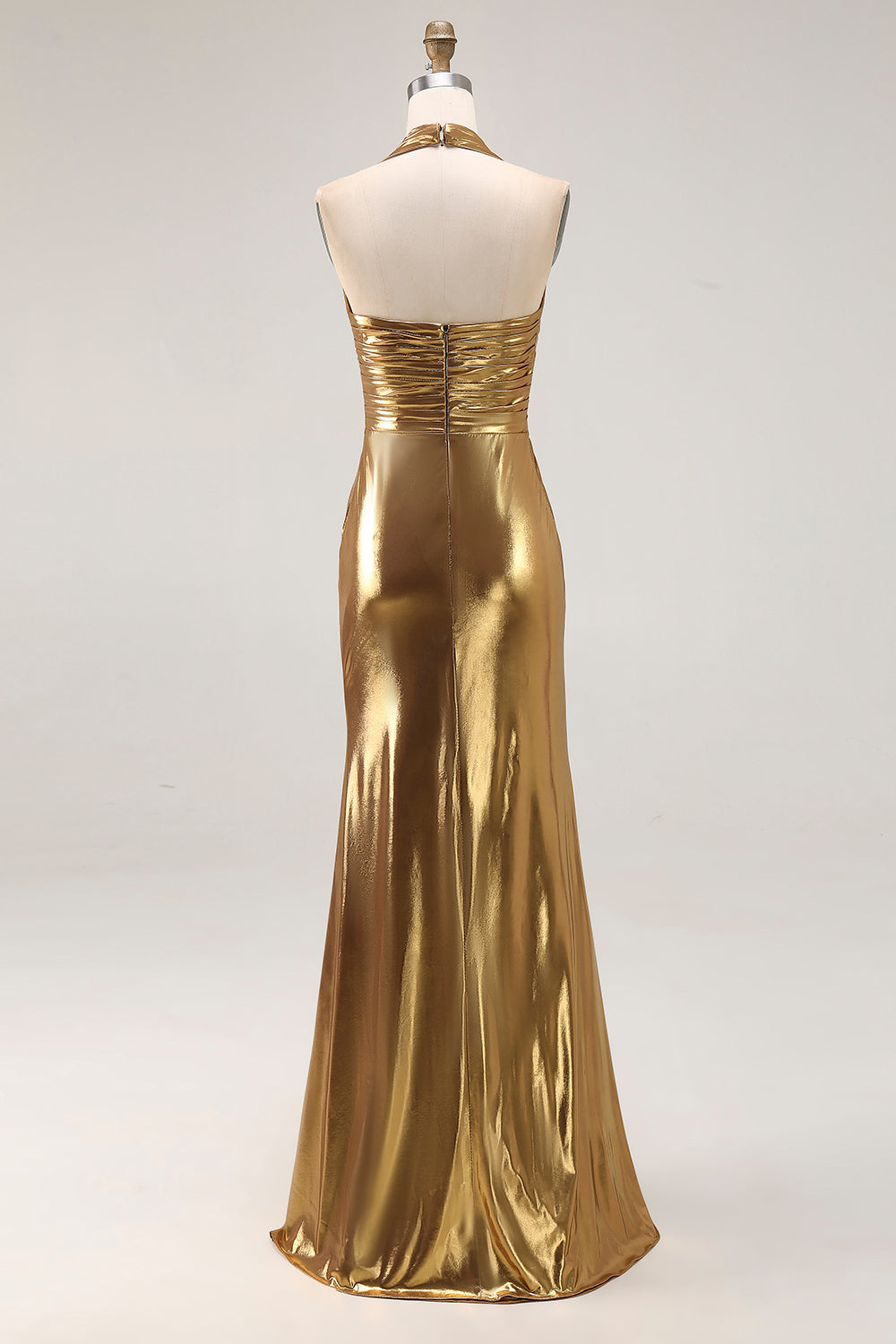 Sparkly Gold Metallic Halter Neck Backless Long Formal Dress with Slit