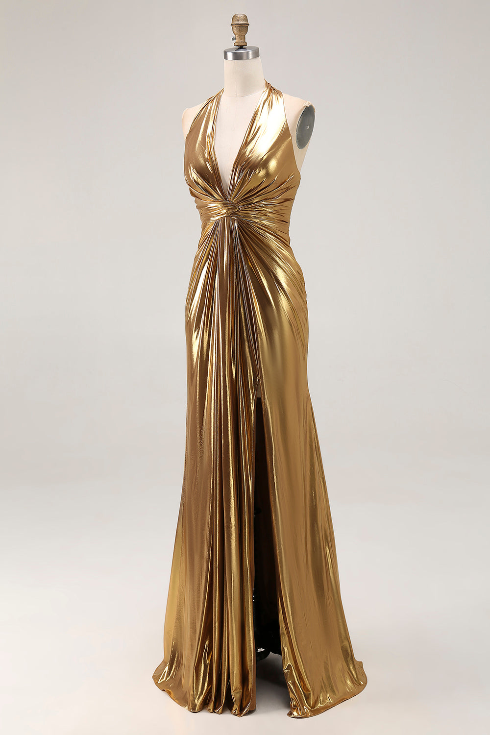 Sparkly Gold Metallic Halter Neck Backless Long Formal Dress with Slit