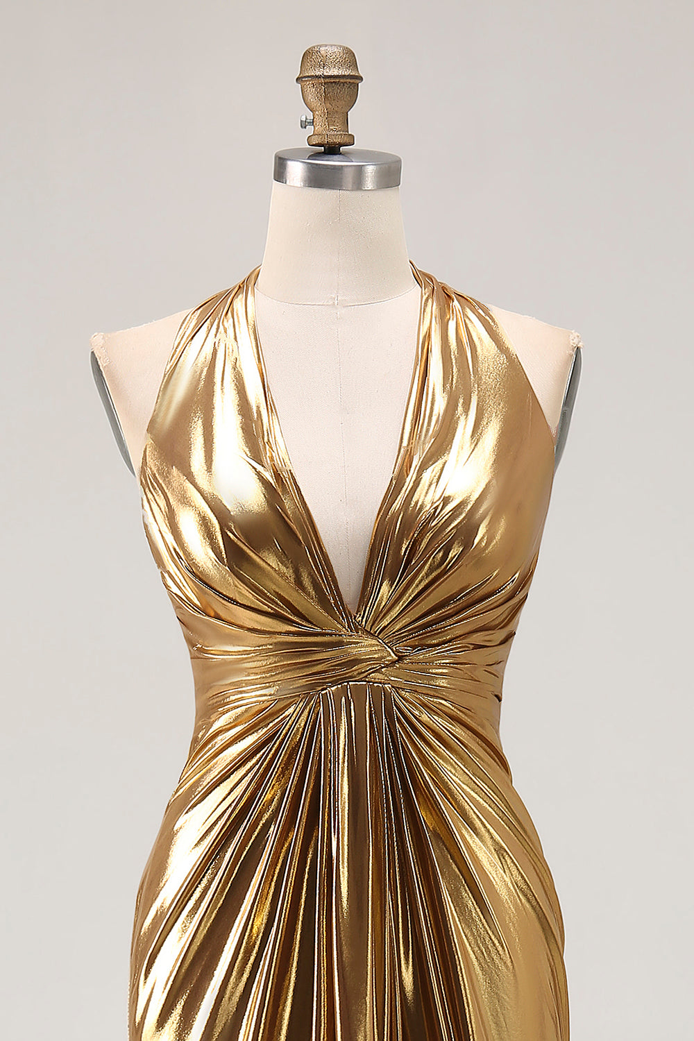 Sparkly Gold Metallic Halter Neck Backless Long Formal Dress with Slit