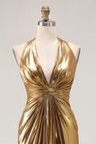 Sparkly Gold Metallic Halter Neck Backless Long Formal Dress with Slit