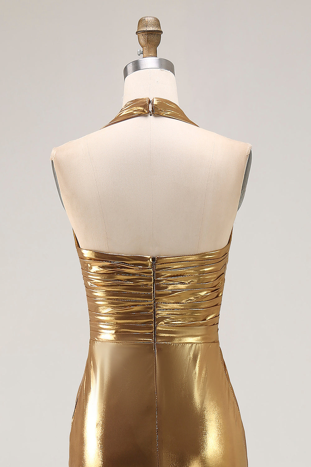 Sparkly Gold Metallic Halter Neck Backless Long Formal Dress with Slit