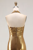 Sparkly Gold Metallic Halter Neck Backless Long Formal Dress with Slit