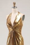Sparkly Gold Metallic Halter Neck Backless Long Formal Dress with Slit