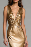 Sparkly Gold Deep V-Neck Metallic Long Formal Dress