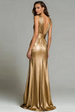 Sparkly Gold Deep V-Neck Metallic Long Formal Dress