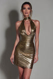Sparkly Gold Metallic Ruched Halter Tight Short Cocktail Dress
