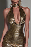 Sparkly Gold Metallic Ruched Halter Tight Short Cocktail Dress