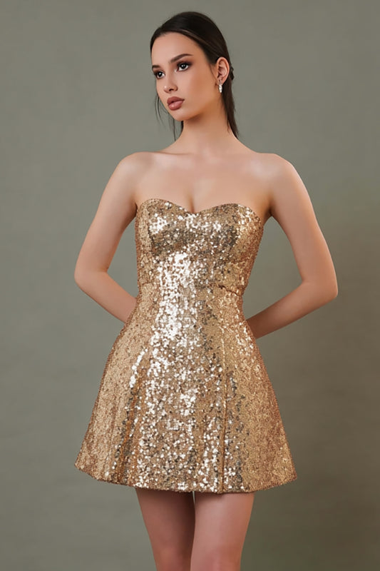 Sparkly Gold A-Line Sequin Sweetheart Short Cocktail Dress