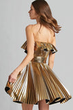 Sparkly Gold Metallic Pleated Strapless A-Line Short Cocktail Dress