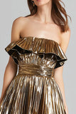 Sparkly Gold Metallic Pleated Strapless A-Line Short Cocktail Dress