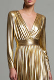 Sparkly Gold Metallic Pleated V-Neck Long Sleeves A-Line Long Formal Dress