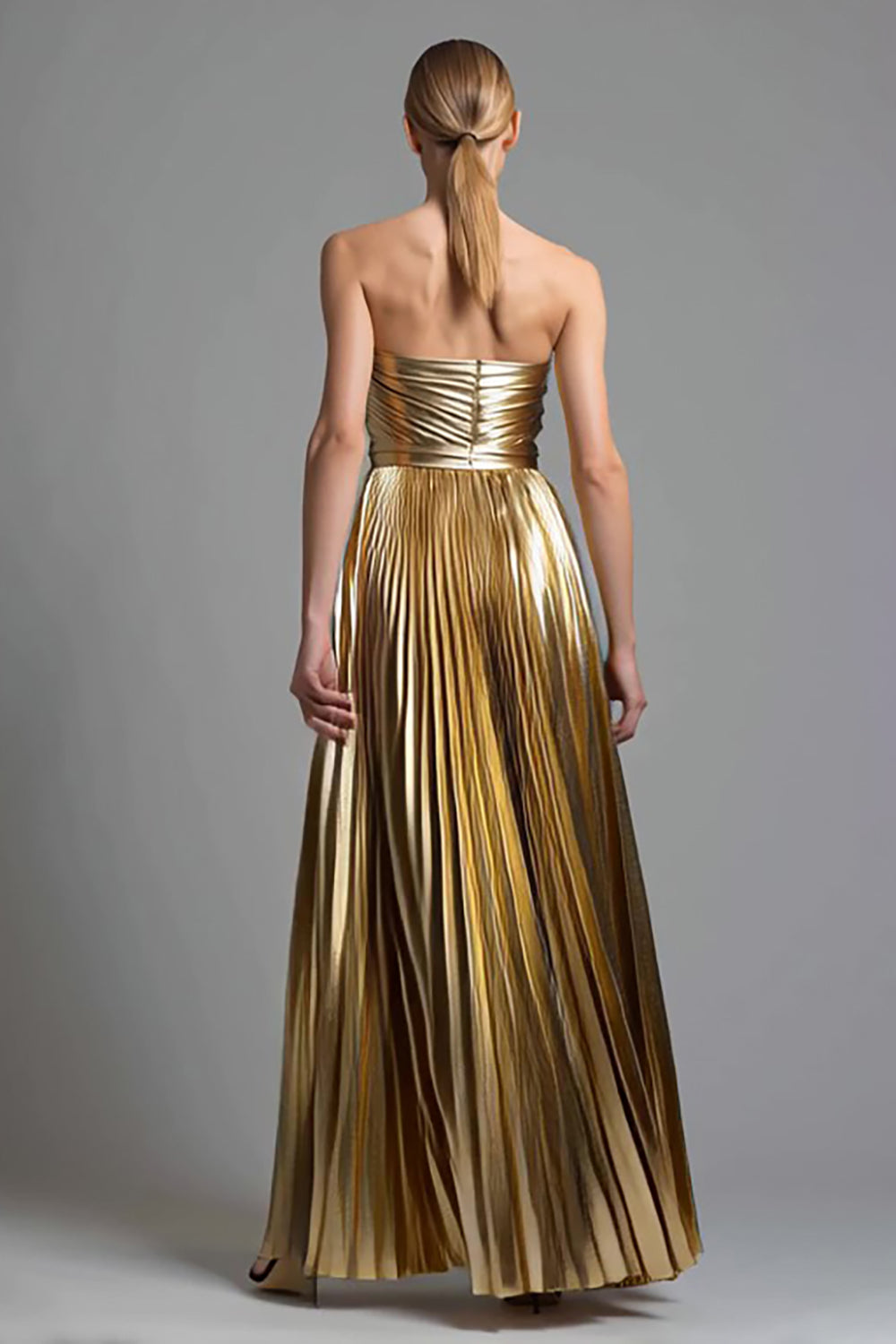 Zapakasa Women Sparkly Gold Metallic Pleated Long Formal Dress