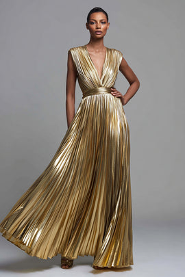 Sparkly Gold Deep V-Neck Metallic Pleated A-Line Long Formal Dress