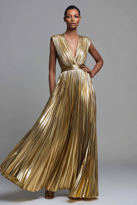 Sparkly Gold Deep V-Neck Metallic Pleated A-Line Long Formal Dress