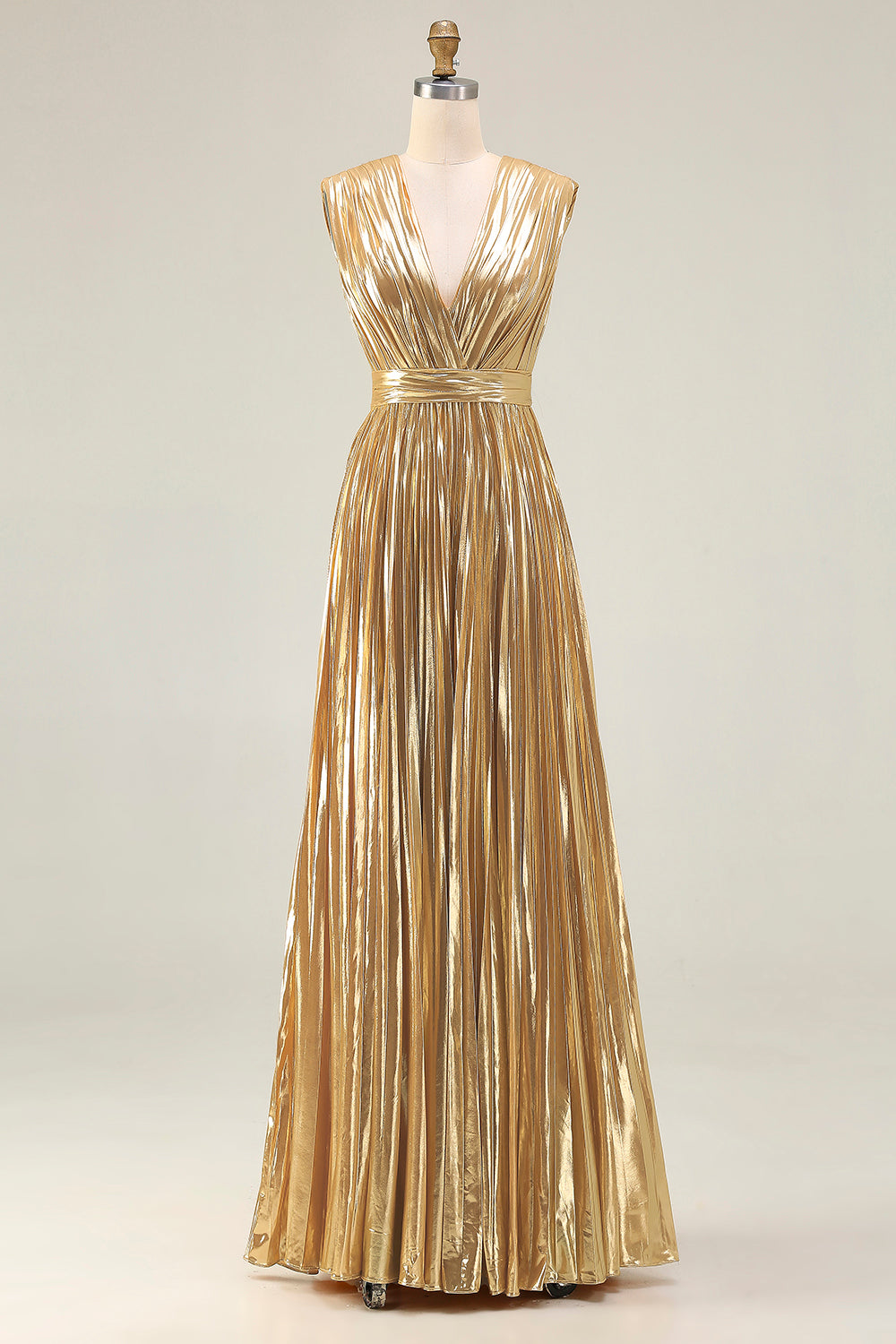 Sparkly Gold Metallic Deep V-Neck Pleated A-Line Long Formal Dress
