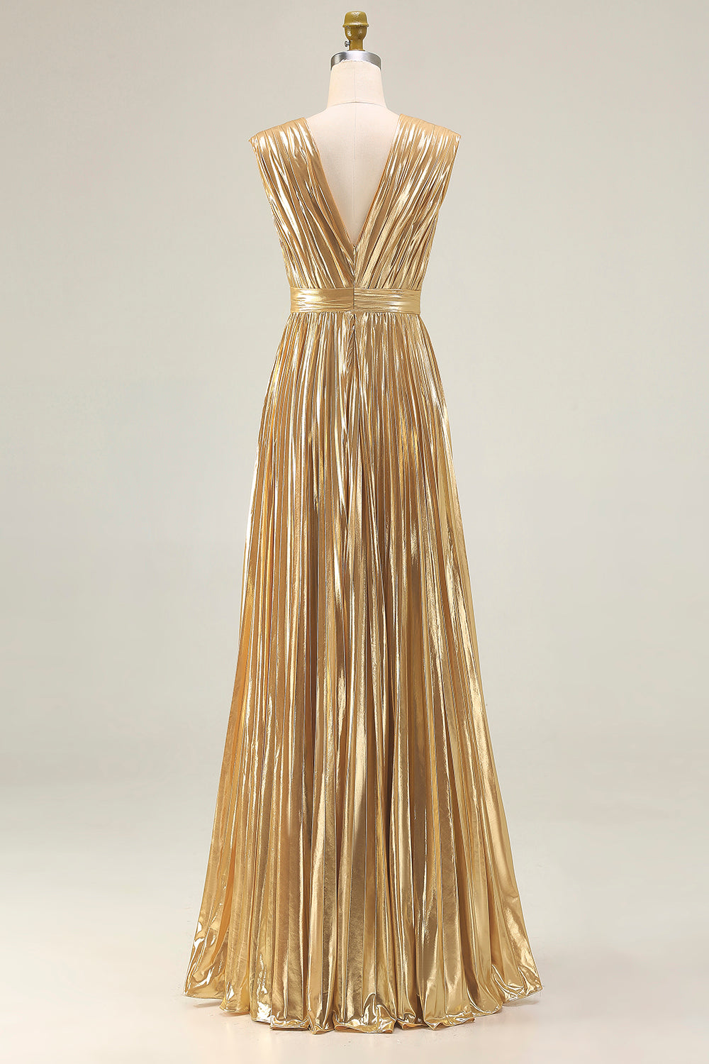 Sparkly Gold Metallic Deep V-Neck Pleated A-Line Long Formal Dress