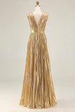 Sparkly Gold Metallic Deep V-Neck Pleated A-Line Long Formal Dress