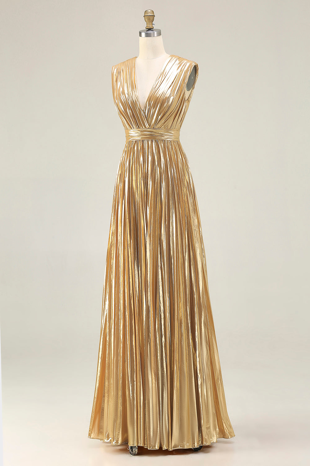 Sparkly Gold Metallic Deep V-Neck Pleated A-Line Long Formal Dress