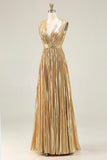 Sparkly Gold Metallic Deep V-Neck Pleated A-Line Long Formal Dress