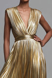Sparkly Gold Deep V-Neck Metallic Pleated A-Line Long Formal Dress