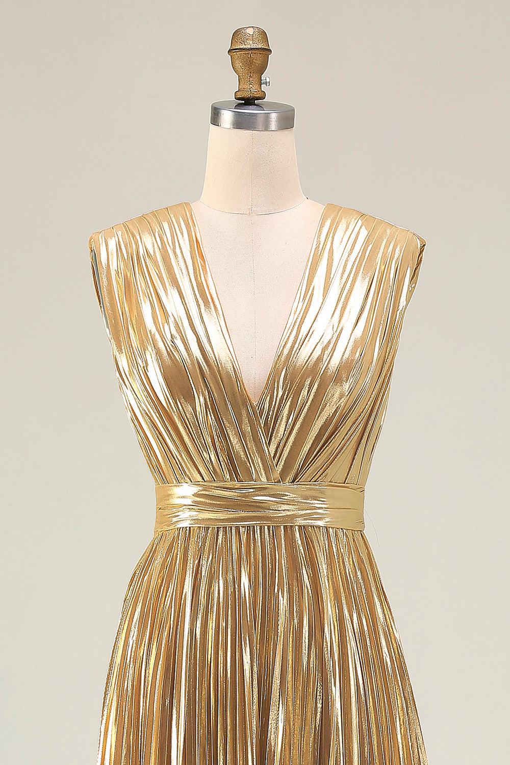 Sparkly Gold Metallic Deep V-Neck Pleated A-Line Long Formal Dress