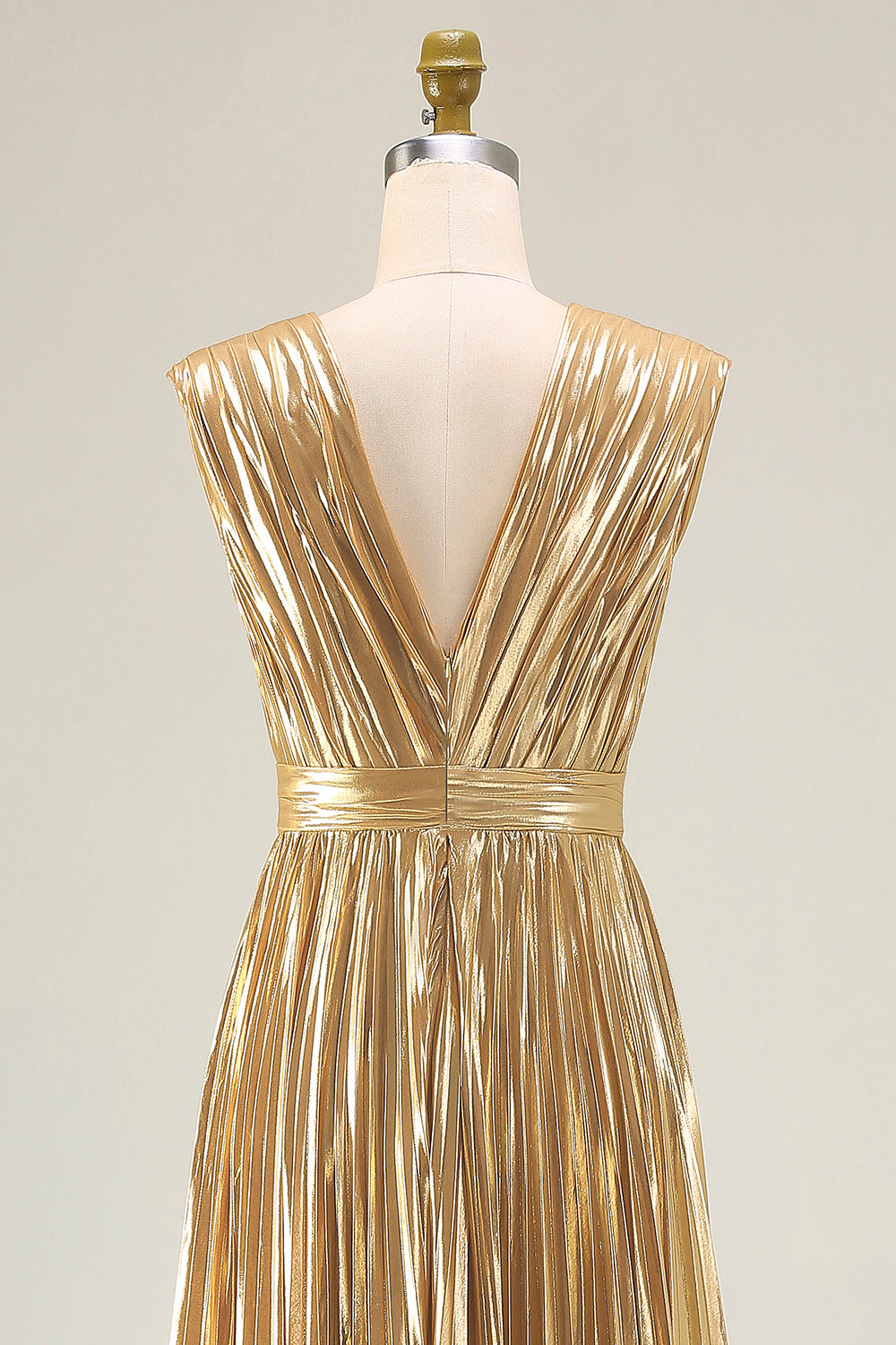 Sparkly Gold Metallic Deep V-Neck Pleated A-Line Long Formal Dress
