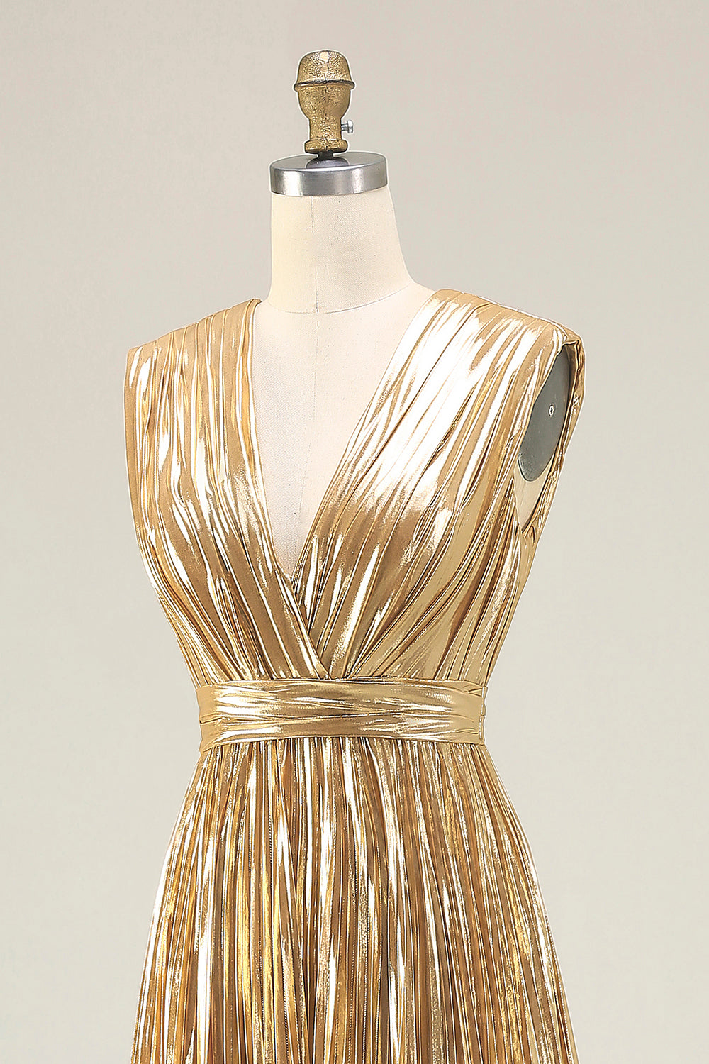 Sparkly Gold Metallic Deep V-Neck Pleated A-Line Long Formal Dress