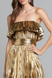 Sparkly Gold Metallic Pleated Ruffled A-Line Long Formal Dress