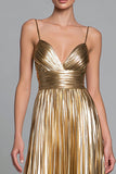 Sparkly Gold A-Line Metallic Pleated Spaghetti Straps Long Formal Dress