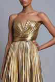 Sparkly Gold Strapless A-Line Metallic Pleated Long Formal Dress