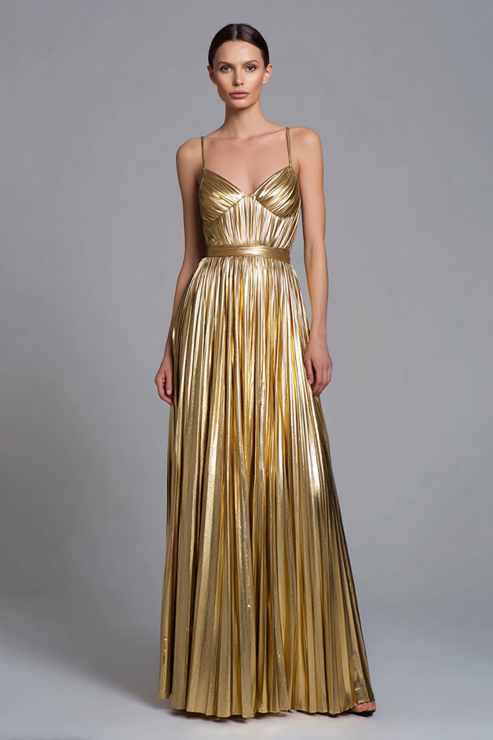 Sparkly Gold A-Line Metallic Pleated Long Formal Dress