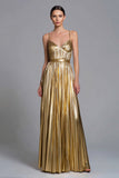 Sparkly Gold A-Line Metallic Pleated Long Formal Dress