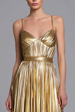 Sparkly Gold A-Line Metallic Pleated Long Formal Dress