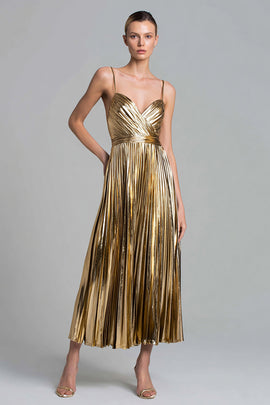 Sparkly Gold Metallic Pleated A-Line Ankle Length Formal Dress