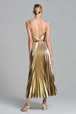 Sparkly Gold Metallic Pleated A-Line Ankle Length Formal Dress