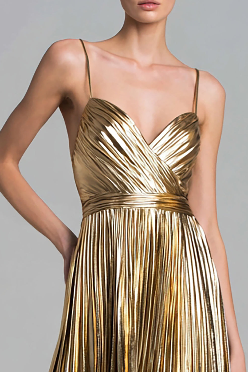 Sparkly Gold Metallic Pleated A-Line Ankle Length Formal Dress