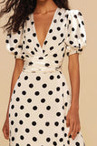 Black and White A Line V-Neck Short Sleeves Maxi Polka Dots Dress